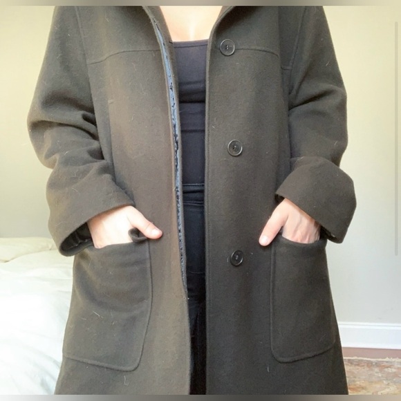 Vintage Olive Green Trench Coat Classic Oversized Wool Pea Coat Calvin Klein - Picture 3 of 5